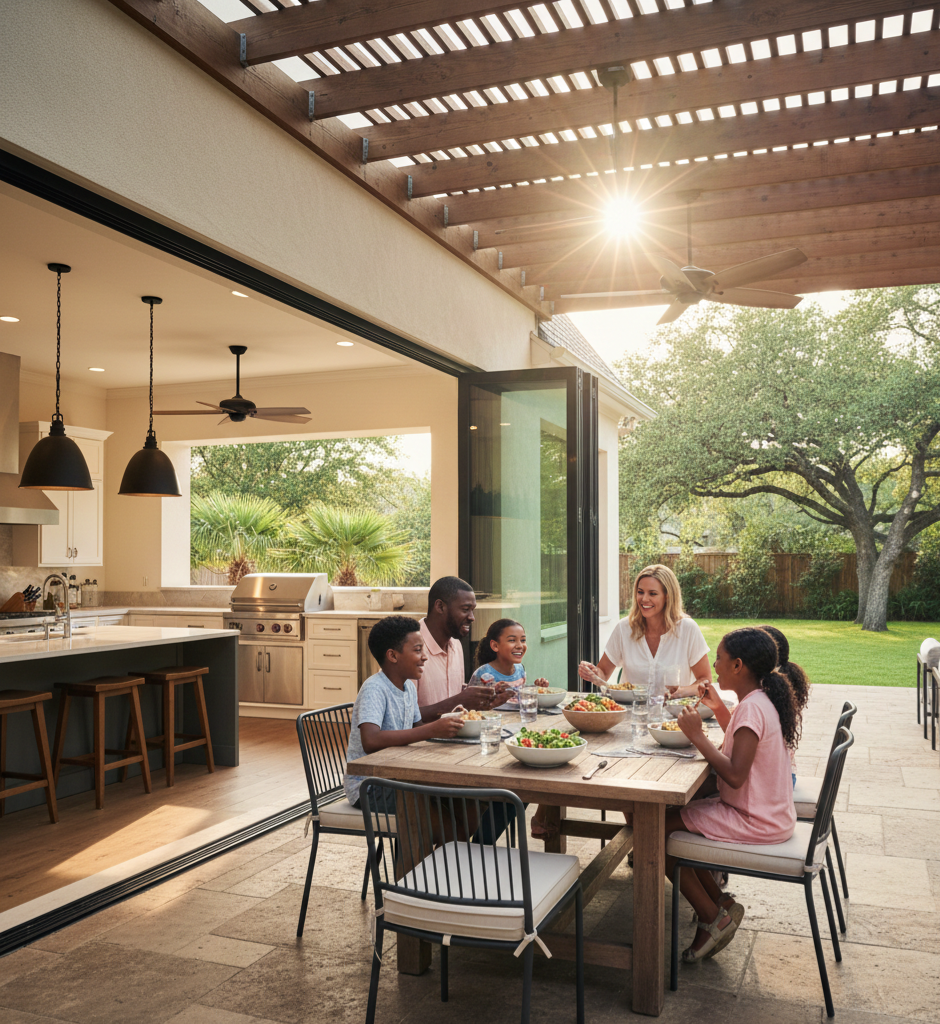 Lifestyle visualization of indoor-outdoor family dining