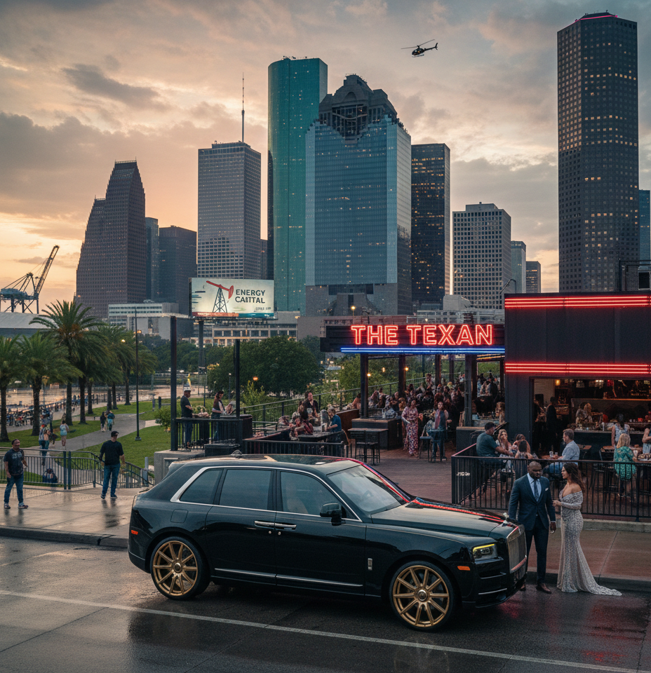 Estate arrival with Houston skyline beyond
